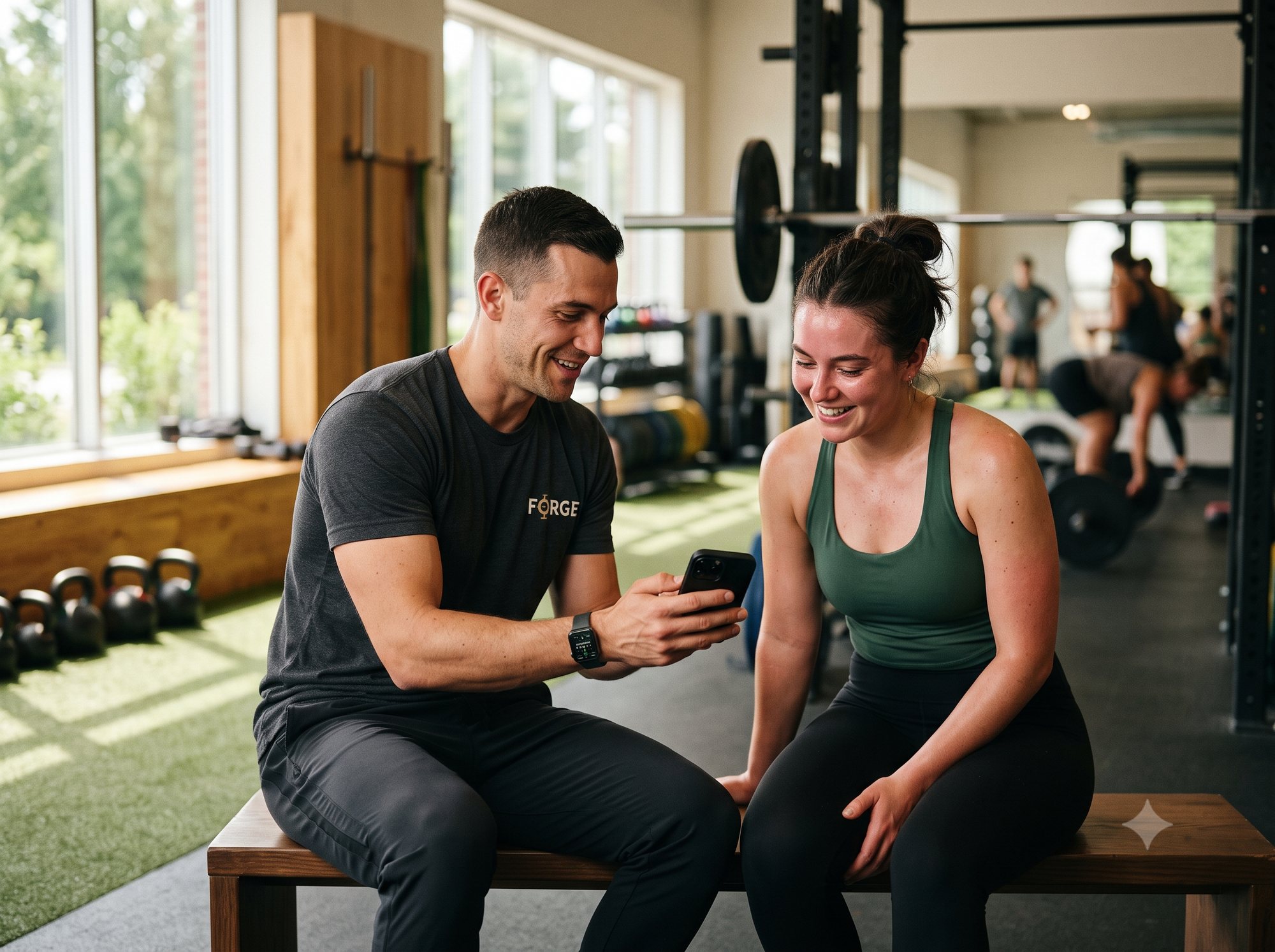 A member reviewing their results with their coach on the gym floor