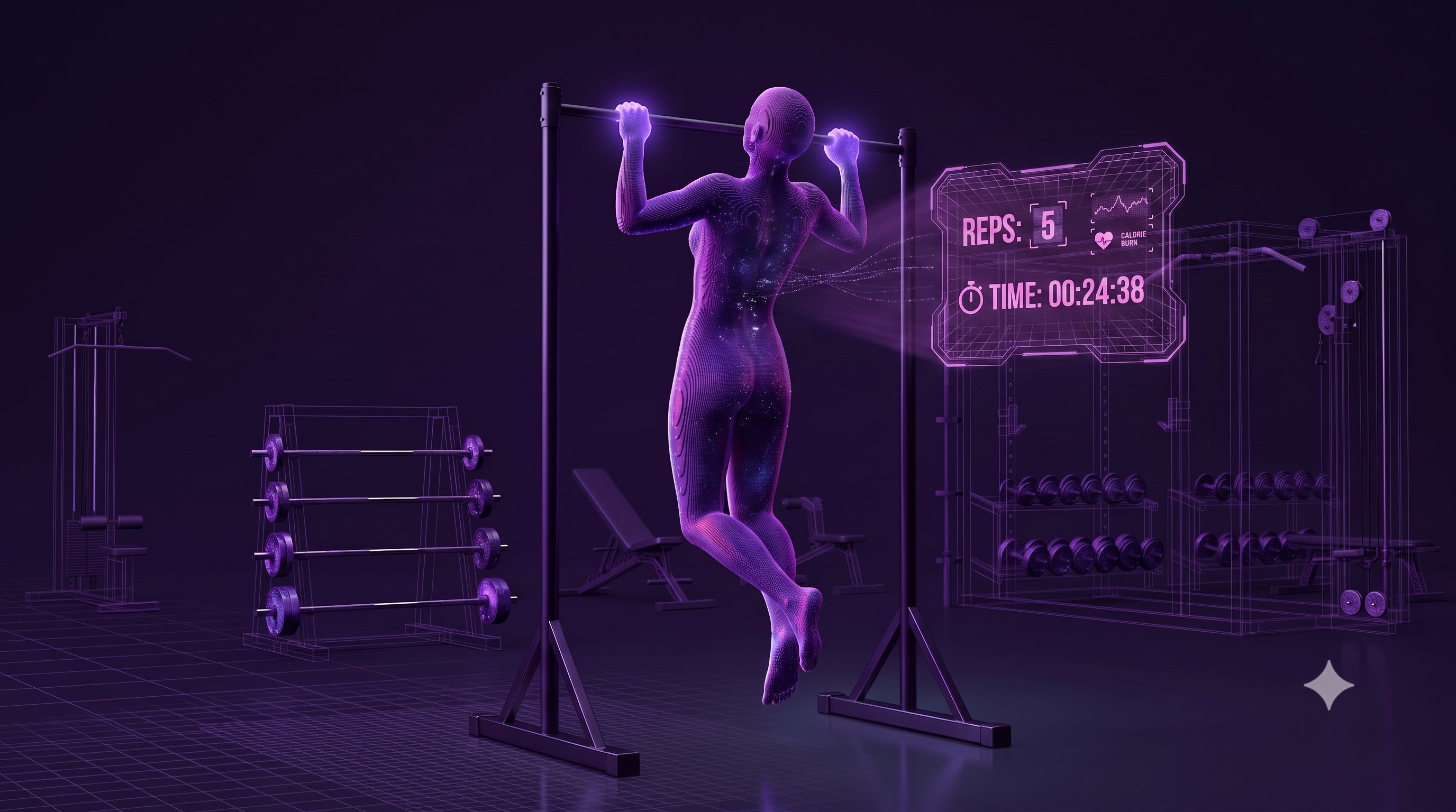 A digital constellation figure doing a pull-up