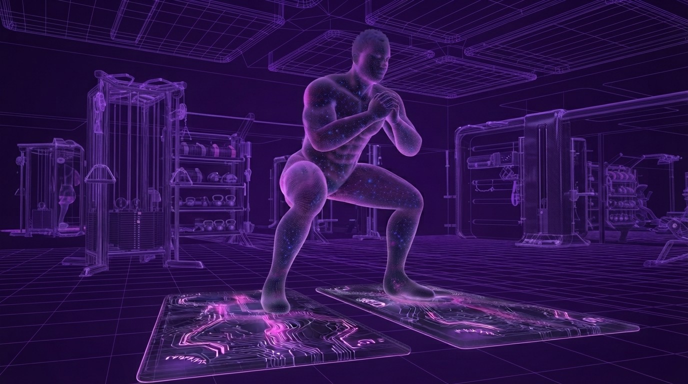 A lifter mid-squat rebuilt as a Celestial digital twin